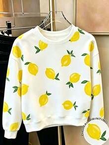 Tween Girl Lemon Print Crew Neck Long Sleeve Sweatshirt - White - View 1