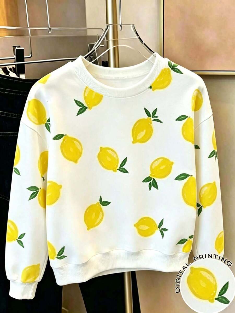 Tween Girl Lemon Print Crew Neck Long Sleeve Sweatshirt - White - View 1