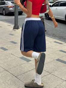 1件青少年女孩運動休閒口袋對比色短褲，百慕達長度，春秋冬季，校園風 - 藏蓝色 - 查看 7