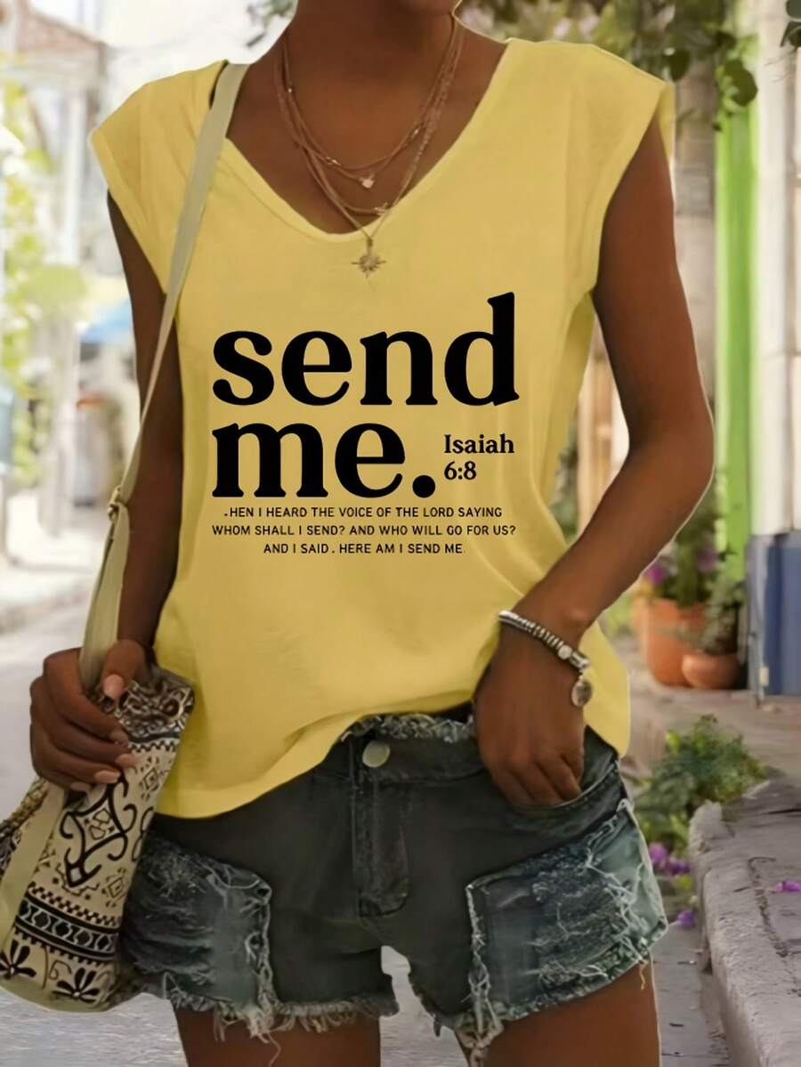 Plus Size Women Top Send Me Isaiah 6:8 Bible Verse Letter Print Sleeveless Tee Christian Casual Outfit - 黃色 - 查看 1