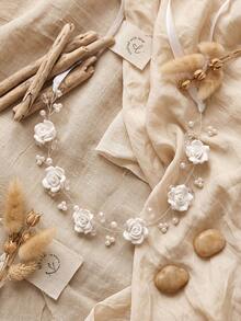 1pc Fresh White Clay Rose Pearl Rhinestone Ribbon Hair Accessory, Minimalist Silver Wire Wrapped, Versatile For Wedding, Banquet, Dress - Multicolor - View 6