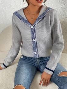 Preppy Contrast Trim Sailor Collar Sweater, Textured Single-Breasted Short Casual Knit Cardigan - Grey - View 5
