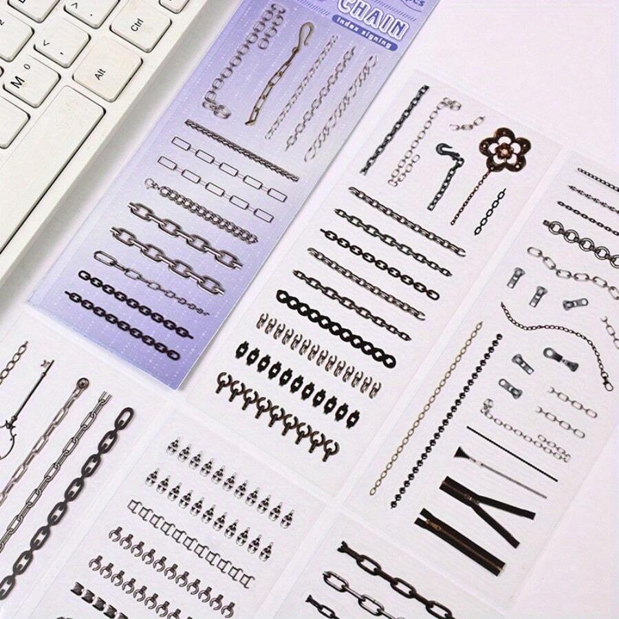 6pcs Chain Pattern PET Waterproof Stickers, Transparent Index Tabs For Scrapbooking, Suitable For DIY Crafts, Notebooks And Party Activities, Multiple Styles Of DIY Decorative Stickers, Durable School Supplies - 6 Sheets - View 1