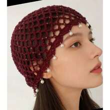 1pc Beach Casual Elegant Solid Color Faux Pearl Tassel Hollow Knit Sun Hat - Multicolor - View 2