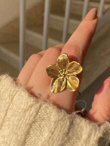 1pc Women's Adjustable Flower Ring, Gold/Silver Tone, Finger Jewelry, Wedding Gift, Bohemian Style - Ring - View 1