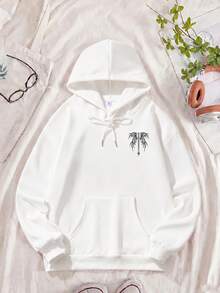 Women's White Long Sleeve Knitted Hooded Pullover, Unique Graphic Print On Back, Casual Regular Fit Drawstring Sweatshirt, Suitable For Streetwear Style - White - View 3