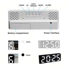 Jam Digital LED Modern Ukuran Besar dengan Tampilan Tanggal dan Suhu - Bingkai Putih dengan Dial Cermin Hitam, Mode 12/24 Jam, Fungsi Tunda, Bertenaga Baterai/DC (Baterai AAA Tidak Termasuk) - Jam Samping Tempat Tidur, Cocok untuk Kantor - Radio Jam Alarm Digital - 1PC - View 13