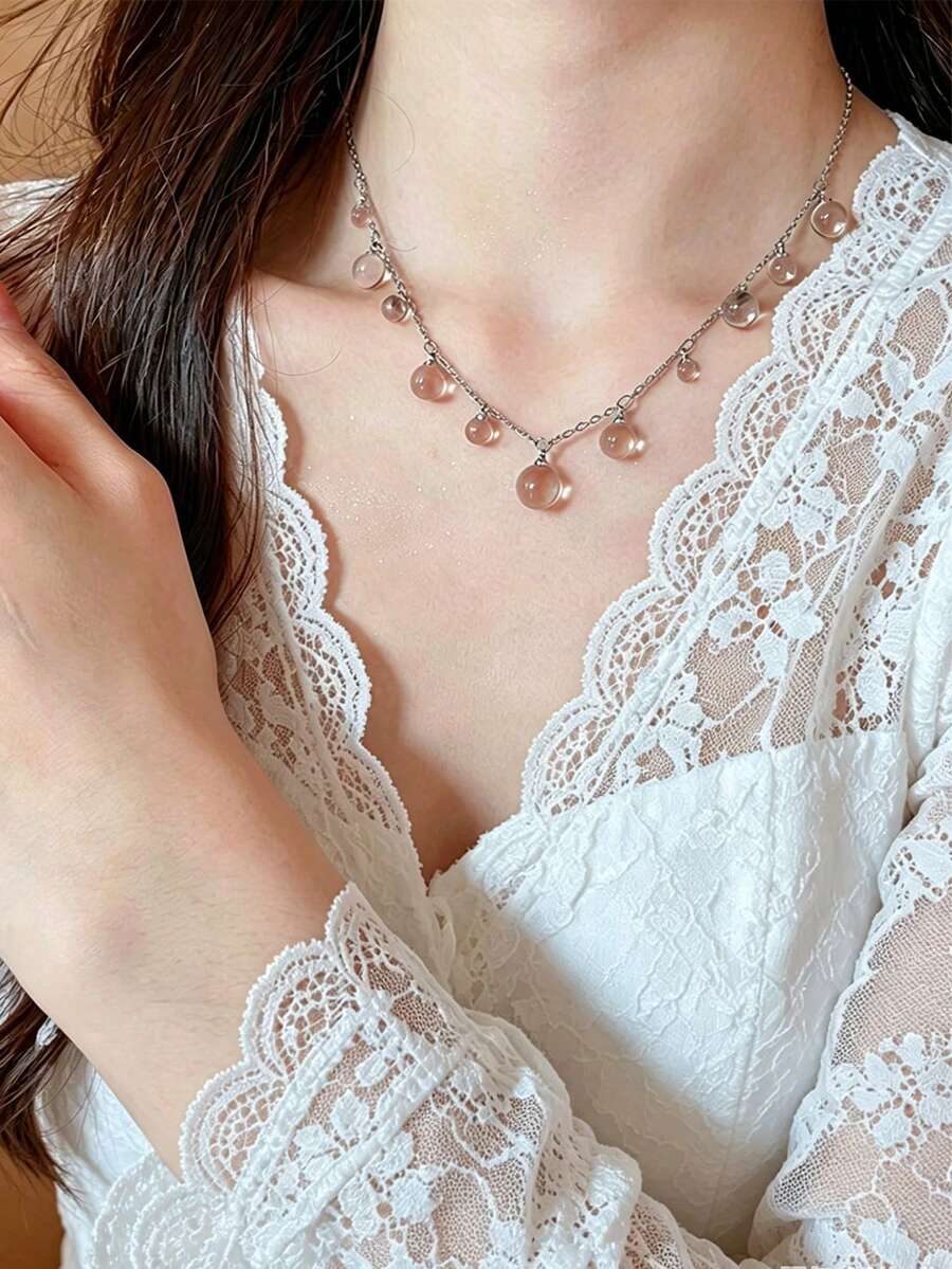 甜美奢華超亮透明圓珠吊墜項鍊 女款，新款小眾設計手鍊，百搭飾品 - 白色 - 查看 1