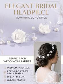 1pc Fresh White Clay Rose Pearl Rhinestone Ribbon Hair Accessory, Minimalist Silver Wire Wrapped, Versatile For Wedding, Banquet, Dress - Multicolor - View 3