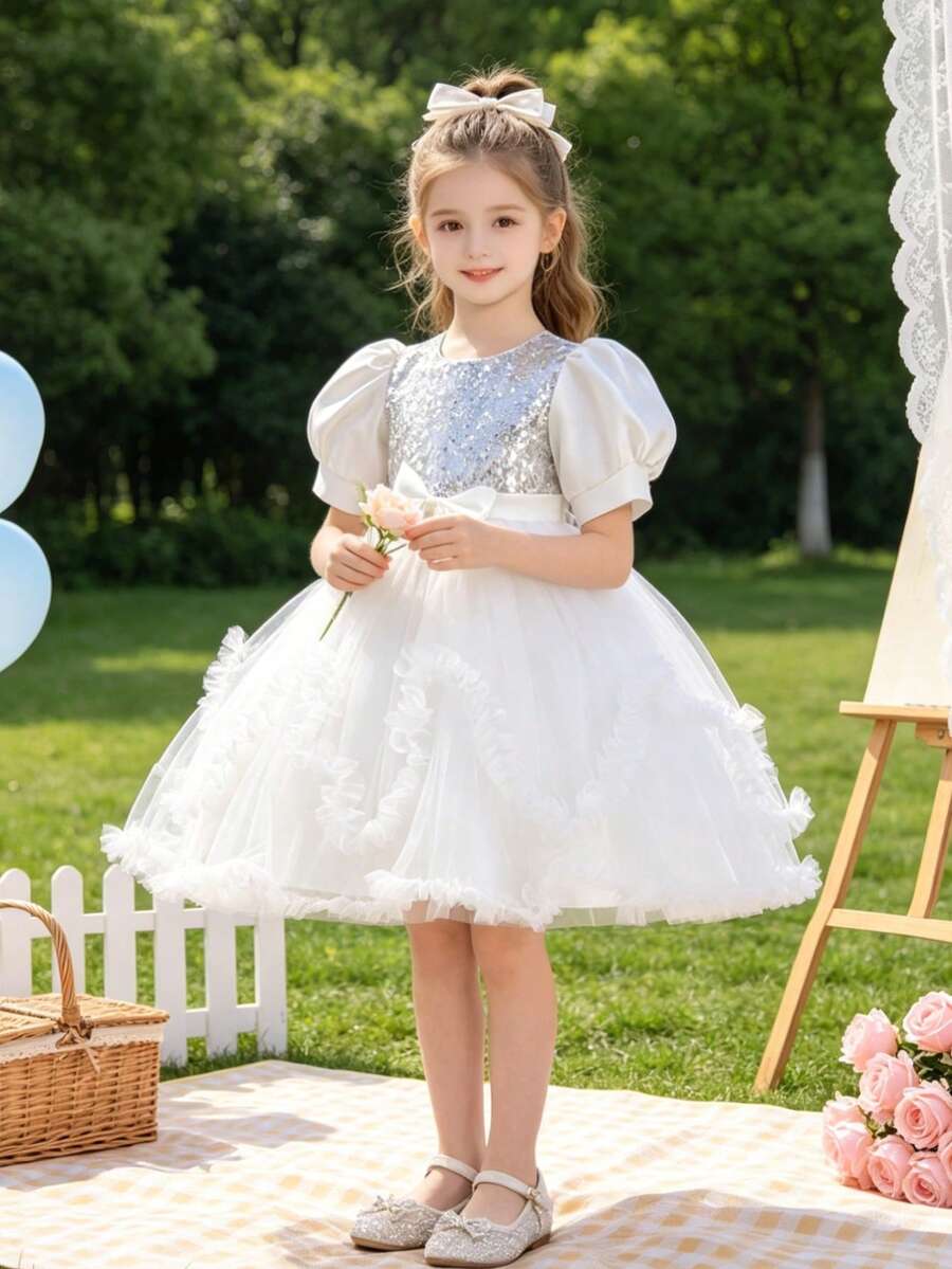 Girls Sequin Short Sleeve Tulle Princess Dress, Cute Girl Party Dress For Wedding, Birthday, Banquet, Runway, Piano Recital, Evening Gown - White - View 1