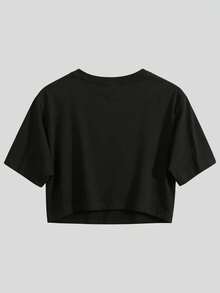 100% Cotton Crop Top T-Shirt With Gothic Lettering Foul Mouthed  , On Wooden Hanger, Glasses, Blue Jeans, Indoor Staircase, Vacation Outfitswomen - 黑色 - 查看 3