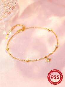 1 pieza Pulsera de plata de ley S925 con estrella de cuatro puntas y strass, diseño personalizado de moda, estilo clásico europeo y americano de lujo ligero, exquisita, elegante, de alta gama, diseño único, versátil para uso diario, fiesta, casual, accesorio de moda de nicho, regalo - Estrella de cuatro puntas - Ver 3