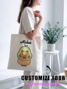 1pc Customized Embroidered Canvas Tote Bag, Personalized Name & Text, Large Capacity Lightweight Fashion Shopping Handbag, Perfect Gift - Multicolor - View 6