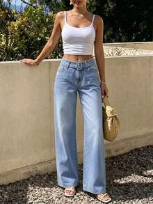 GILIPUR Women's High Waist Belt Decor Light Wash Wide Leg Denim Jeans, Casual Loose Fit Long Pants Fall - Blue - View 6