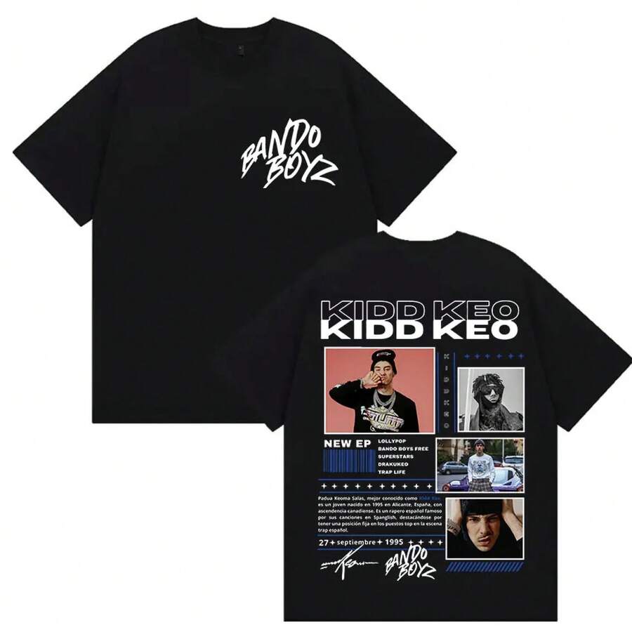 Camiseta de Algodón de Manga Corta Rapper KIDS KEO Bando Boyz Tour 2025 Merch para Hombres Estilo Callejero Retro Hip Hop Gótico Y2k Streetwear - Negro - Ver 1