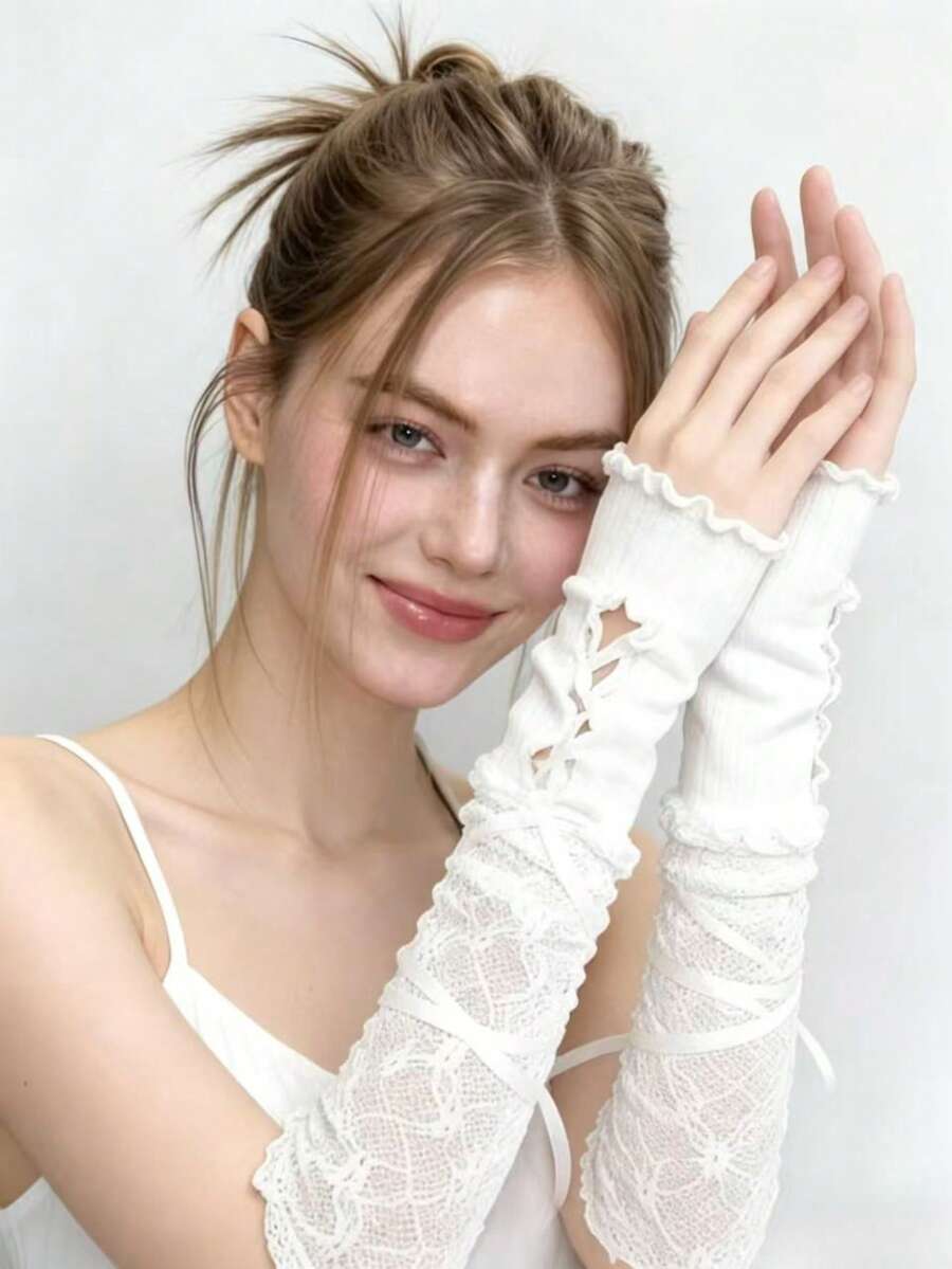 1 Pair White Lace Ribbon Fingerless Wrist Cuffs, Ruffle Hollow Sleeve Cuffs, Suitable For Wedding, Lolita, Cosplay, Party, Women's Daily Fashion Outfit Accessory