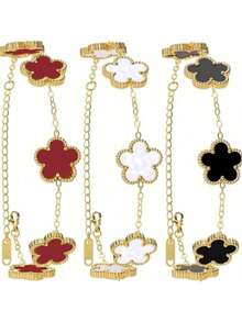 3/2/1pc Stainless Steel Lucky Four-Leaf Clover Bracelet | Exquisite Chain Design | Exclusive Gift For Her - Gold - View 1
