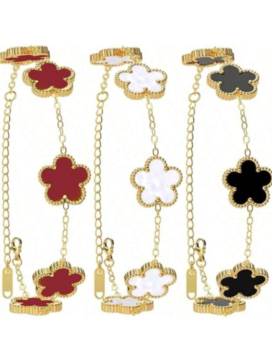 3/2/1pc Stainless Steel Lucky Four-Leaf Clover Bracelet | Exquisite Chain Design | Exclusive Gift For Her - Gold - View 1