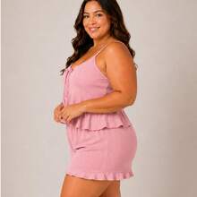 Short Doll Plus Size Feminino Canelado Pijama Alça Fina Babado Confortável - Rosa Bebê - Visão 4