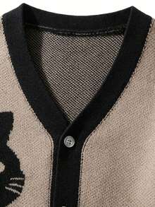 Cartoon Cat Intarsia Knit Cardigan Men V Neck Button Loose Casual Sweater Jacket - Khaki - View 4