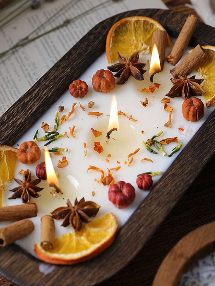 شمعة معطرة في وعاء خشبي مع زهور مجففة، بأسلوب INS، متعددة الفتائل، خالية من الدخان، من شمع نباتي نقي، ديكور منزلي وزينة