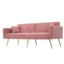 Sofa Bed With Adjustable Angle, Gold Legs, Cushions And Side Storage Pockets. - Pink - View 8