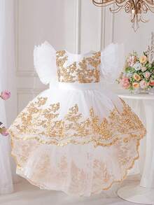 Baby Girls Embroidered Wedding Flower Girl Princess Dress With Train, Suitable For Party And Vacation, Fabric Pattern Randomly Cut, Headband Not Included - White - View 3