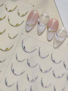 1 Sheet Gold Silver 3D Metallic Curved French Smile Line Nail Stickers, Self-Adhesive Curve Strip Nail Decals For Manicure DIY Decor - 彩色 - 查看 1