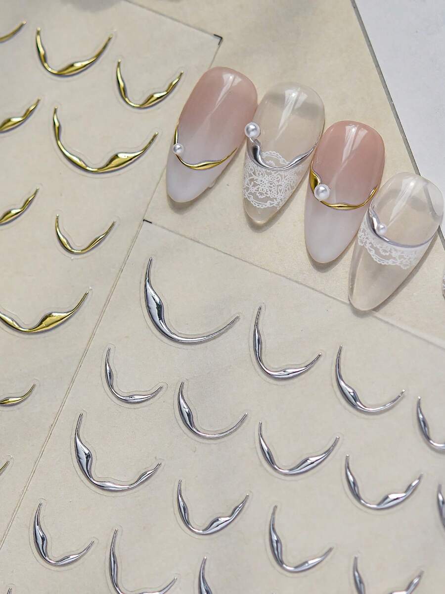 1 Sheet Gold Silver 3D Metallic Curved French Smile Line Nail Stickers, Self-Adhesive Curve Strip Nail Decals For Manicure DIY Decor - 彩色 - 查看 1