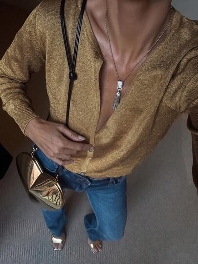 Glitter Metallic Knit Cropped Cardigan, Button Front Long Sleeve Slim Fit Cardigan, Women Elegant Daily Outerwear Work Clothes