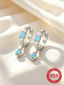 1 Pair S925 Sterling Silver Inlaid Synthetic Turquoise & Zirconia Double Hoop Earrings, Elegant Elegant Women's Daily Wear Bohemian Earrings - Silver - View 1
