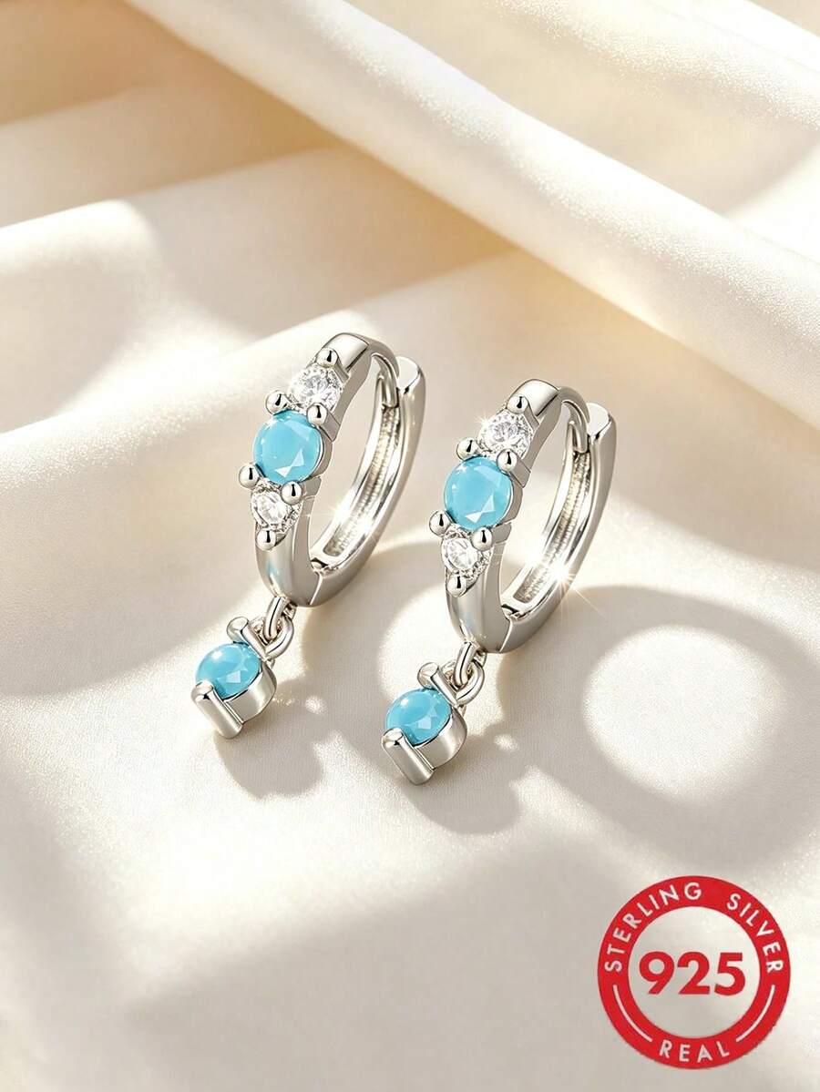 1 Pair S925 Sterling Silver Inlaid Synthetic Turquoise & Zirconia Double Hoop Earrings, Elegant Elegant Women's Daily Wear Bohemian Earrings - Silver - View 1