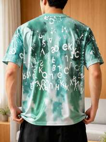 Men Plus Size Gradient Letter Graffiti Pattern T-Shirt, Vintage Distressed Style, Round Neck Loose Short Sleeve Tee, Polyester Knit Fabric - Multicolor - View 3