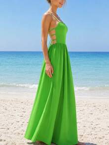 Robe fluide vert forêt à bretelles spaghetti et dos nu pour femmes, robe élégante pour vacances d'été, plage, resort, fête de vacances et festival - Vert - Voir 7