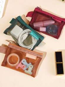 5pcs/1pc Tas Perlengkapan Mandi Jaring Segitiga Nilon Kapasitas Besar, Tas Kosmetik Portabel Tahan Air, Tas Kosmetik Multifungsi, Tas Alat Tulis, Tas Penyimpanan Kabel Data, Dompet Koin, Tas Penyimpanan Jaring Persegi Nilon Warna Retro, Tas Penyimpanan Kecil - MultiWarna - View 7