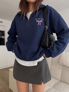 女款秋冬新款學院風極簡蝴蝶結印花休閒時尚百搭保暖內裡半拉鍊立領運動衫 - 藏蓝色 - 查看 1