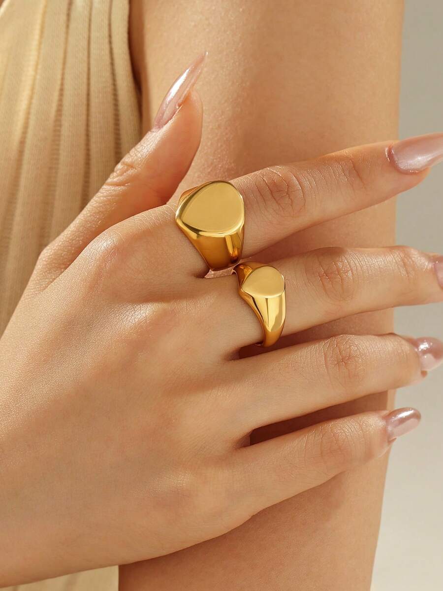 2pcs/Set 18K Gold Plated Stainless Steel Polished Water Drop Rings, Minimalist Shiny Gold Wide Band Rings, Niche Luxury Commuter Stackable Jewelry For Women, Daily Wear Gift Set, Available In Multiple Sizes, Parent-Child Matching - Yellow Gold - View 1