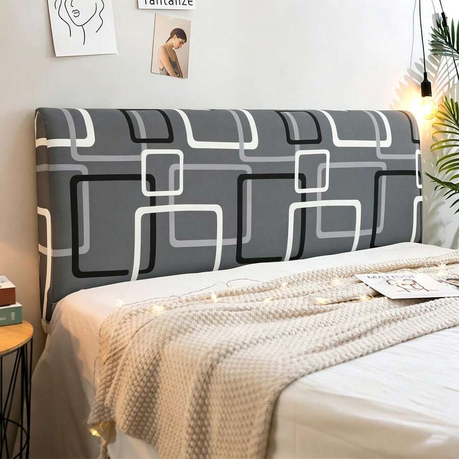 Stretchable Milk Silk Headboard Cover, All Inclusive, Simple Geometric Pattern Design, Soft Polyester Fiber Fabric, Modern Style Bedroom Furniture Protective Cover Suitable For Single And Double Beds - Grey - View 1