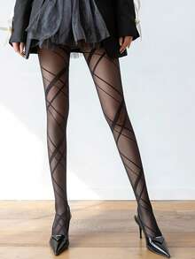 Women Criss Cross Sheer Tights, Geometric Pattern Pantyhose, Black Printed Stockings, Fashion Legwear For Party, Night Out & Daily Outfits - Multicolor - View 7