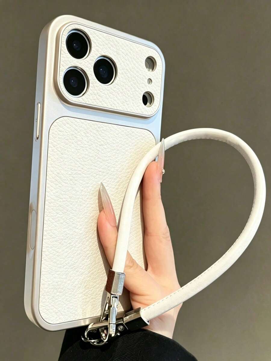 Fashion Lychee Leather Texture Large Window Phone Case, Compatible With IPhone 17 Pro Max 17 Pro 16 Pro Max 15 14 Pro 13 12 Pro 17, Camera Protection, Matte Soft Edge Shockproof Protective Cover, With Portable Hand Strap Lanyard