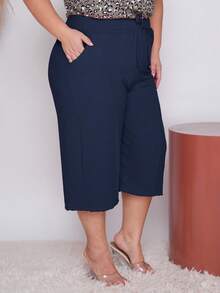 Women's Plus Size Pantacourt Trousers. Lightweight And Breathable Fabric With A Natural Texture. Summer Fashion. - 藏蓝色 - 查看 2