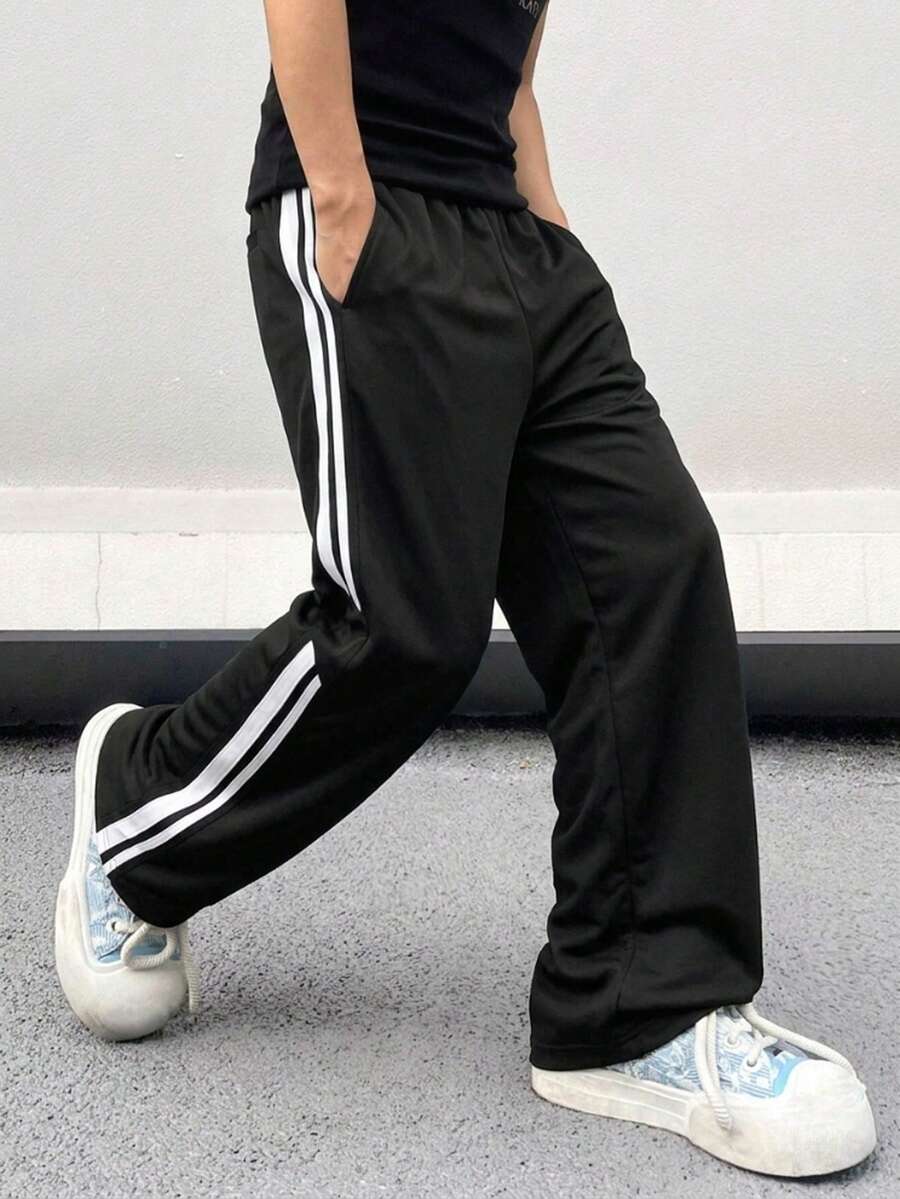 1pc Boys' Teenager American Style Side Color Block Sporty Minimalist Outdoor Straight Leg Pants, College Style - Black - View 1