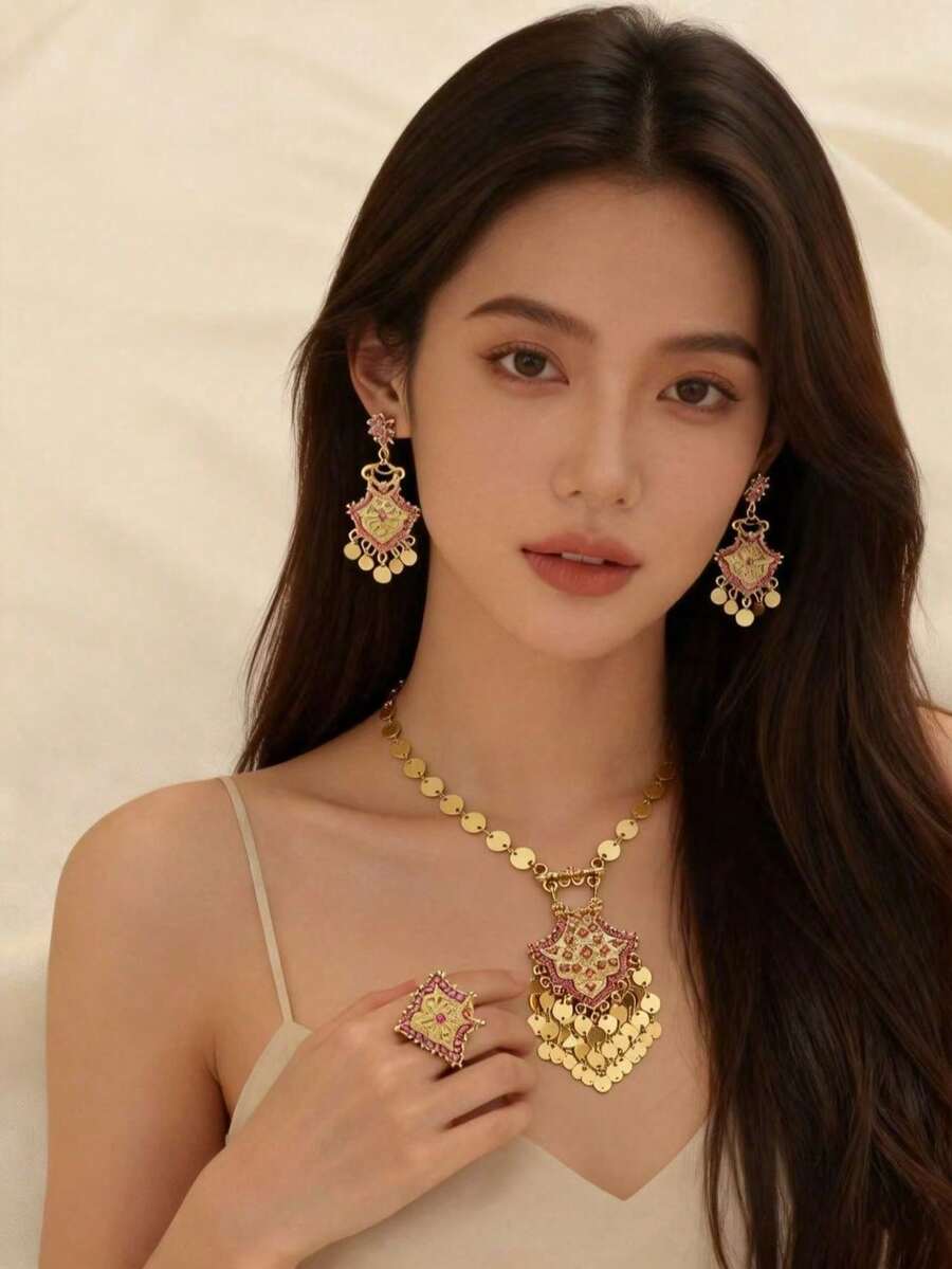 1 Set Gorgeous Copper Alloy Round Disc Tassel Emerald Blue White Pink Rhinestone Inlaid Necklace Earrings Ring Jewelry Set Suitable For Women Daily Wear Holiday Gift - Baby Pink - View 1