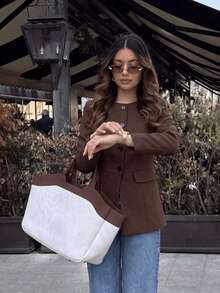 Women's Elegant Solid Color Fashion Minimalist Slim Fit Flattering Old Money Style Blazer, Suitable For Daily Wear, Dating, Commuting, Business Events, Airport - Coffee Brown - View 3