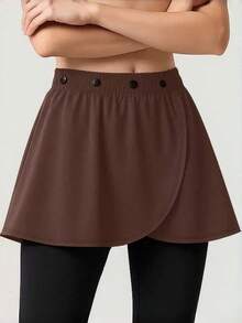 1pc Sport Button Women's Solid Color Simple Daily Sports Skirttennis Skirt,Button Waist Skirt,Anti-Exposure Wrap Skirt Foy Sport/Yoga/ Dancing,Fall - Multicolor - View 9