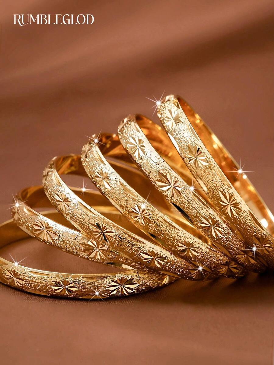 1/3/6 chiếc Vòng tay chạm khắc thủ công mạ vàng 24K có họa tiết ngôi sao, thích hợp cho phụ nữ đeo hàng ngày và làm quà tặng, không bao gồm hộp quà - Vàng - Xem 1