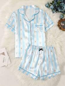 女童清新蓝白条纹蝴蝶结印花短袖短裤奢华家居服套装 - 藍白色 - 查看 2