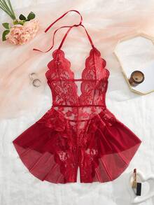 Body sexy de cuello alto sin espalda para mujer con encaje en la entrepierna y ribete de volantes - Rojo - Ver 4