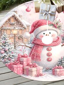 1/100Pcs Christmas Tree Skirt With Pink Snowman Pattern, Featuring Pink Berry Branches, Small Cabin, Snowman, Christmas Tree Design, Round Base, Diameter 60/90CM Optional; Suitable For Winter Party And Home Holiday Decoration, Ideal Christmas Tree Accessory. - Multicolor - View 1