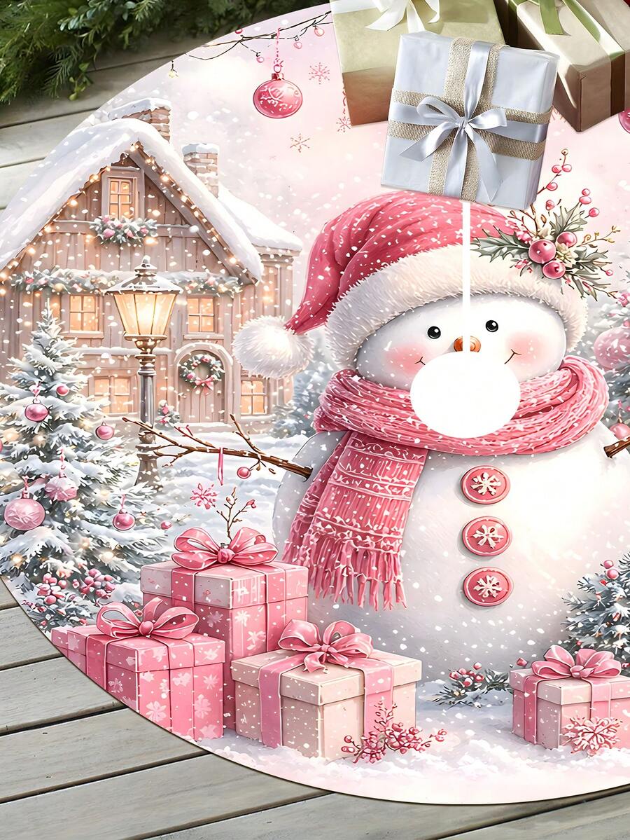 1/100Pcs Christmas Tree Skirt With Pink Snowman Pattern, Featuring Pink Berry Branches, Small Cabin, Snowman, Christmas Tree Design, Round Base, Diameter 60/90CM Optional; Suitable For Winter Party And Home Holiday Decoration, Ideal Christmas Tree Accessory. - Multicolor - View 1